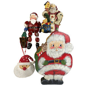 Wooden Folk Art Santa Hand Painted Wood Ceramic & Resin Home Decor Set Of 4